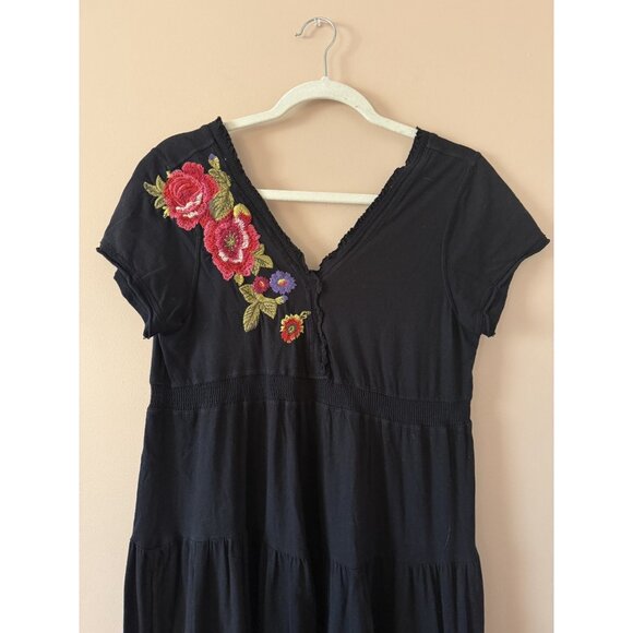 Johnny Was JWLA Black Embroidered Floral Tiered Cotton Peasant Mini Dress Boho M - Picture 5 of 9